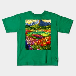 Stained Glass Colorful Mountain Meadow Kids T-Shirt